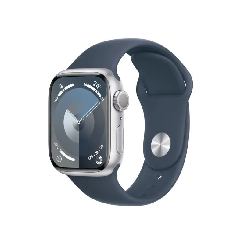 Apple Watch Series 9 (GPS) - Caja de aluminio en plata de 45 mm - Correa deportiva azul tempestad - Talla S/M