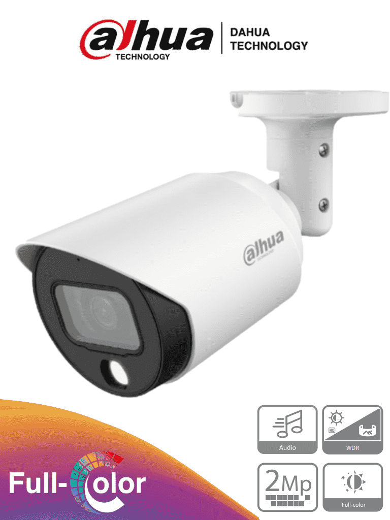 Camara Dahua Bullet, 2MP, Full Color, Lente Fijo 3,6mm, IR20M, Audio incorporado, 4en1 (CVI/TVI/AHD/CVBS), Semimetalica, DWDR, StarLight, IP67, 12VDC