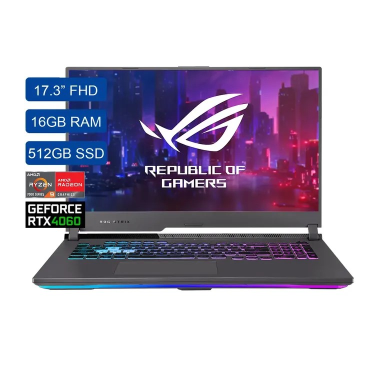 Portátil Asus ROG Strix G17 / G713PV-HX118W / AMD Ryzen™ 9 7945HX Mobile Processor / (16-core/32-thread, 64MB L3 cache, up to 5.4 GHz max boost) / NVIDIA® GeForce RTX™ 4060 Laptop GPU / DDR5 16GB / 512GB PCIe® 4.0 NVMe™ M.2 SSD / FHD (1920 x 1080) 16:9 / Windows 11 Home / Incluido en caja / ROG backpack / ROG Impact Gaming Mouse