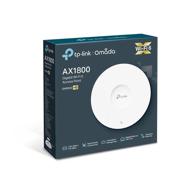 Access Point TPLINKSMB EAP620-HD AX1800 WIFI 6 Doble banda  574Mbps en 2.4 GHz y 1201 en 5 Ghz, montaje en techo.