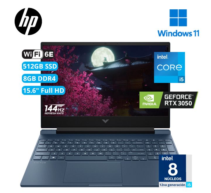 Portátil HP Victus Gaming 15-fa0021la/Intel® Core™ i5-12450H 4,4 GHz/NVIDIA® GeForce RTX™ 3050/8GB DDR4/512GB SSD/15.6 FHD/Windows 11 Home