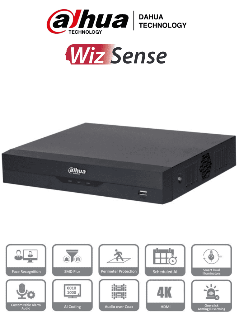 Grabador Dahua XVR, 4 canales, 6ch IP, Hasta 4K, 1ch de reconocimiento Facial, Penta-brid (CVBS/HDCVI/AHD/TVI/IP), Audio In/Out, H265, 1 HDD Maximo 6TB (Disco duro no incluido)