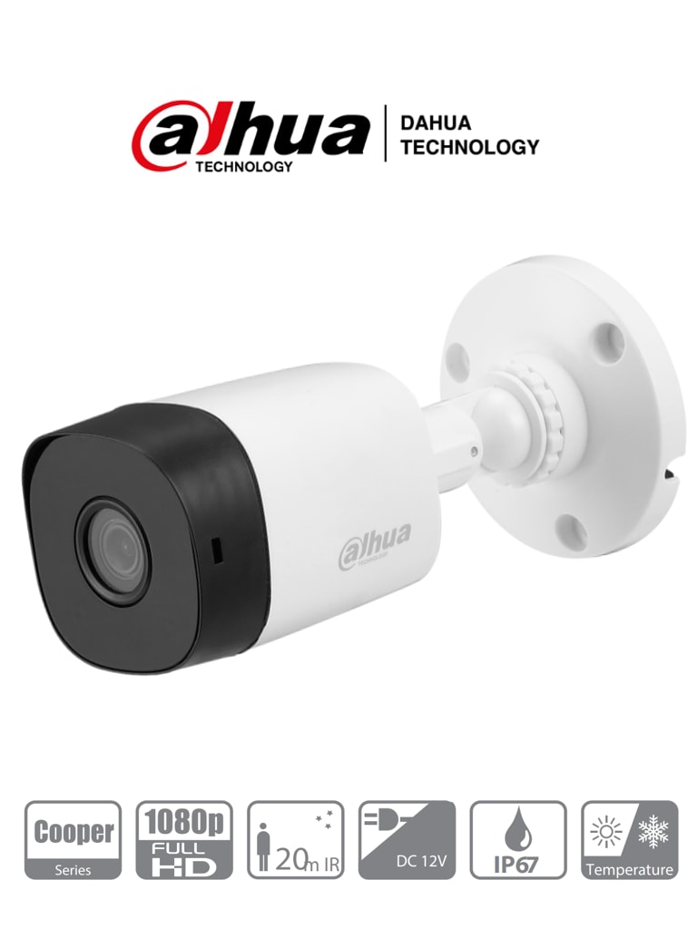 Camara Dahua Bullet, 2MP, Lente fijo 2.8mm, 4en1 (CVI/TVI/AHD/CVBS), Plastica, DWDR, Smart IR20m,  con mic IP67, 12VDC.