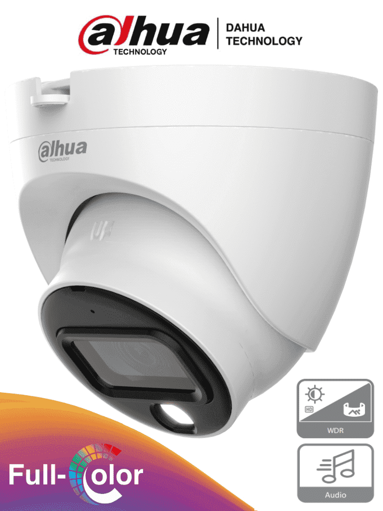 Camara Dahua Domo, 2MP, Full Color, Lente Fijo 2,8mm, IR20M, Audio incorporado, 4en1 (CVI/TVI/AHD/CVBS), Semimetalica, DWDR, StarLight, IP67, 12VDC
