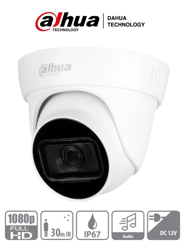 Camara Dahua Domo,2MP, Lente fijo 2,8mm, 4en1 (CVI/TVI/AHD/CVBS), Microfono incorporado, Semimetalica, IR30m, IP67, 12VDC.