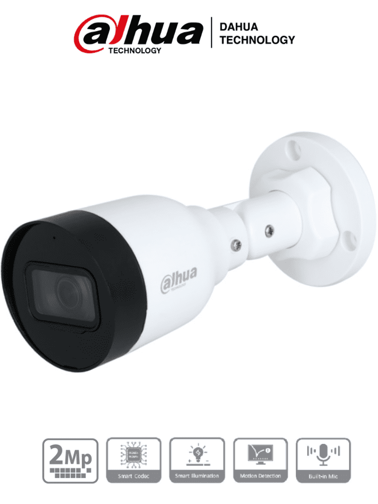 Camara Dahua Bullet IP, 2MP, Lente Fijo de 2,8mm, 30 FPS, Deteccion de Movimiento, H265+, DWDR, IR 30m, IP67, 12VDC / POE.