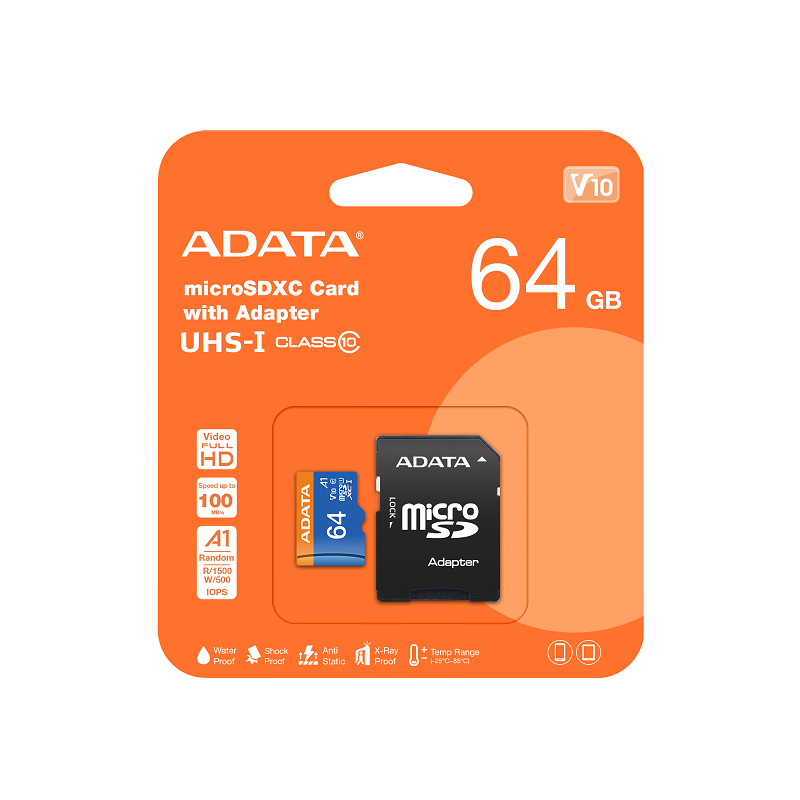 ADATA MEMORIA MICRO SD CON ADAPTADOR SD CLASS 10 A1 64GB