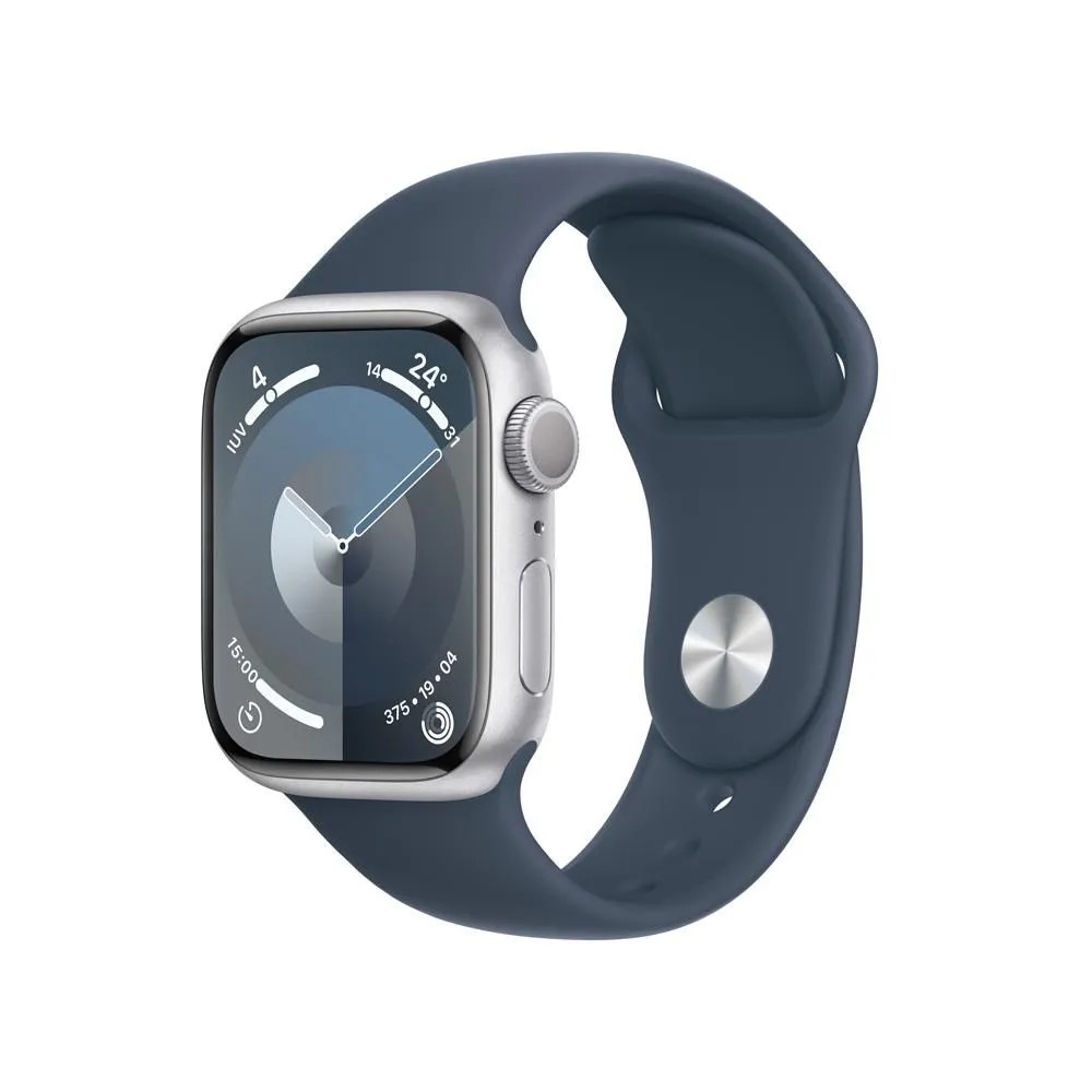 Apple Watch Series 9 (GPS) - Caja de aluminio en plata de 41 mm - Correa deportiva azul tempestad - Talla S/M