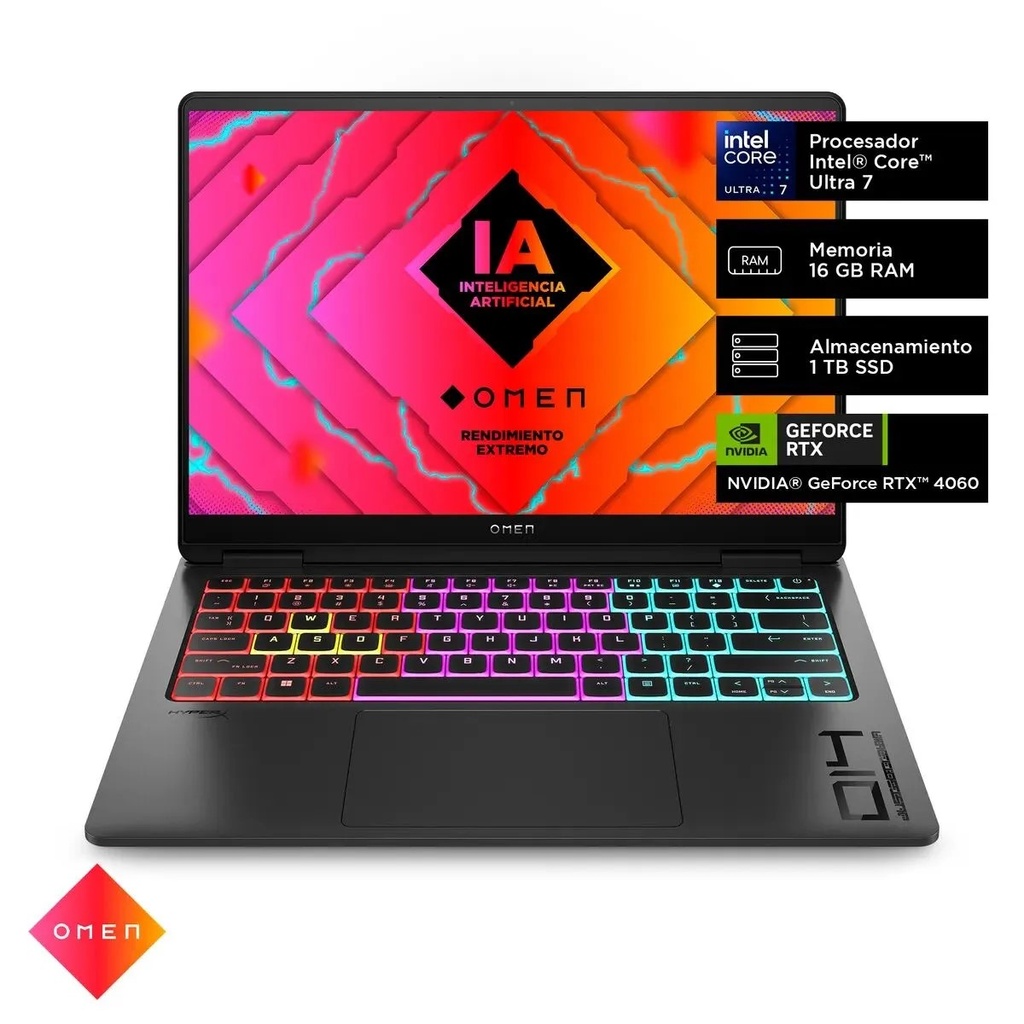 Portátil HP OMEN 14-fb0001la/Intel® Core™ Ultra 7 155H 4,8 GHz/NVIDIA® GeForce RTX™ 4060/16GB LPDDR5X/1TB SSD/14 OLED UWVA 2.8K/Windows 11 Home