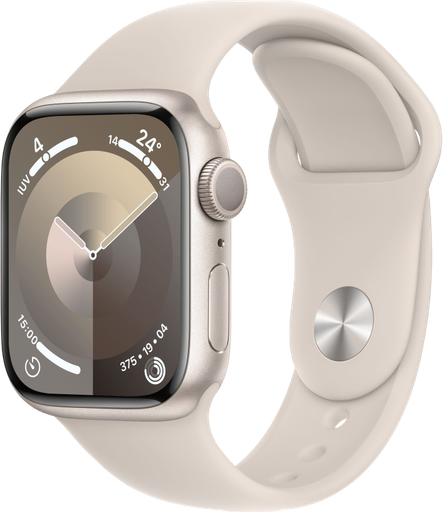[MR8T3BE/A_S] Apple Watch Series 9 (GPS) - Caja de aluminio en blanco estrella de 41 mm - Correa deportiva blanco estrella - Talla S/M