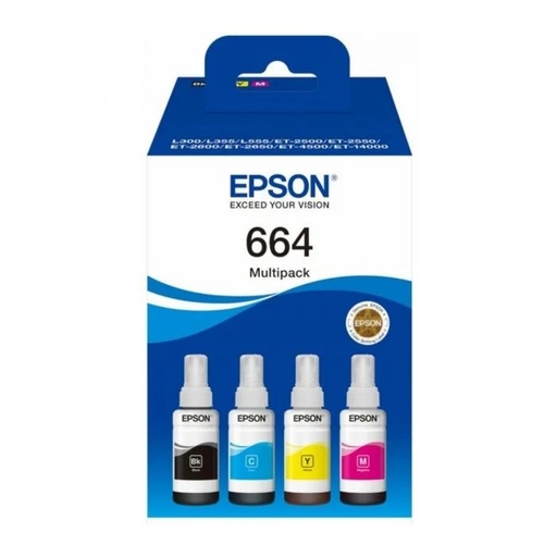 [C13T66462A] Botella Epson T664520-4P - Multipack Set 4 botellas negra, cyan, magenta y yellow,  IMPRESORA EPSON L200/210/350/355/555 (7.500 paginas)