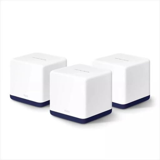 [Halo H50G(3-Pack)] Router Mercusys WIFI de malla AC1900 Whole Home Mesh Wi-Fi System SPEED, 600 Mbps at 2.4 GHz + 1300 Mbps at 5 GHz SPEC: 3× Internal Antennas, 3× Gigabit Ports per Unit (WAN/LAN auto-sensing) FEATURE: Halo APP, Router/AP Mode, One Unified Network, Seamless Roaming, Easy Expansion, Parental Controls, Qos, IPTV, IPv6, MU-MIMO, Beamforming, Smart Conne