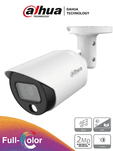[DH-HAC-HFW1239TN-A-LED-3.6MM] Camara Dahua Bullet, 2MP, Full Color, Lente Fijo 3,6mm, IR20M, Audio incorporado, 4en1 (CVI/TVI/AHD/CVBS), Semimetalica, DWDR, StarLight, IP67, 12VDC