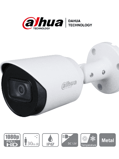 [DH-HAC-HFW1200TN-3.6MM] Camara Dahua Bullet, 2MP, Lente fijo 2,8mm, 4en1 (CVI/TVI/AHD/CVBS), Metal, IR30m, IP67, 12VDC.