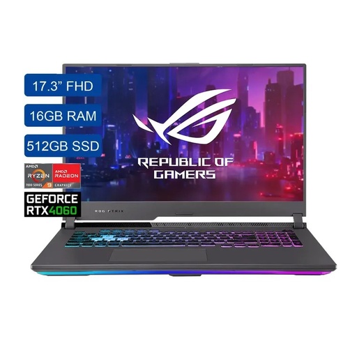 [90NR0C34-M00A40_G] Portátil Asus ROG Strix G17 / G713PV-HX118W / AMD Ryzen™ 9 7945HX Mobile Processor / (16-core/32-thread, 64MB L3 cache, up to 5.4 GHz max boost) / NVIDIA® GeForce RTX™ 4060 Laptop GPU / DDR5 16GB / 512GB PCIe® 4.0 NVMe™ M.2 SSD / FHD (1920 x 1080) 16:9 / Windows 11 Home / Incluido en caja / ROG backpack / ROG Impact Gaming Mouse