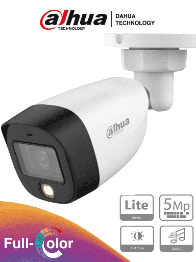 [DH-HAC-HFW1509CN-A-LED-2.8MM] Camara Dahua Bala, 5MP, Full Color, Lente Fijo 3.6 mm, WDR, 4en1 switchable (CVI/TVI/AHD/CVBS), Metal, IR40m, IP67, 12VDC.