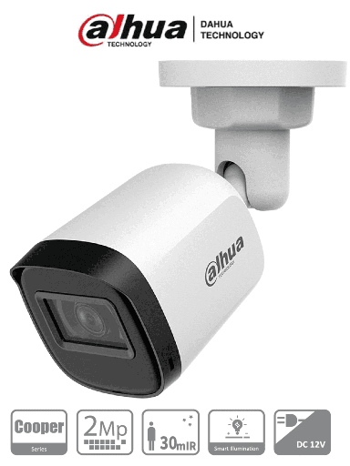 [DH-HAC-B1A21N-2.8MM] Camara Dahua Bullet, 2MP, Lente fijo 2.8mm, 4en1 (CVI/TVI/AHD/CVBS), Plastica, DWDR, Smart IR20m, IP67, 12VDC.