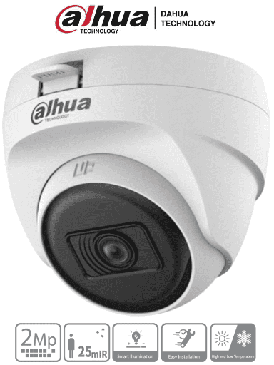 [DH-HAC-T1A21N-2.8MM] Camara Dahua Domo, 2MP, Lente fijo 2,8mm,  4en1 (CVI/TVI/AHD/CVBS), Plastico, DWDR, IR Smart Led 20m, 12VDC.